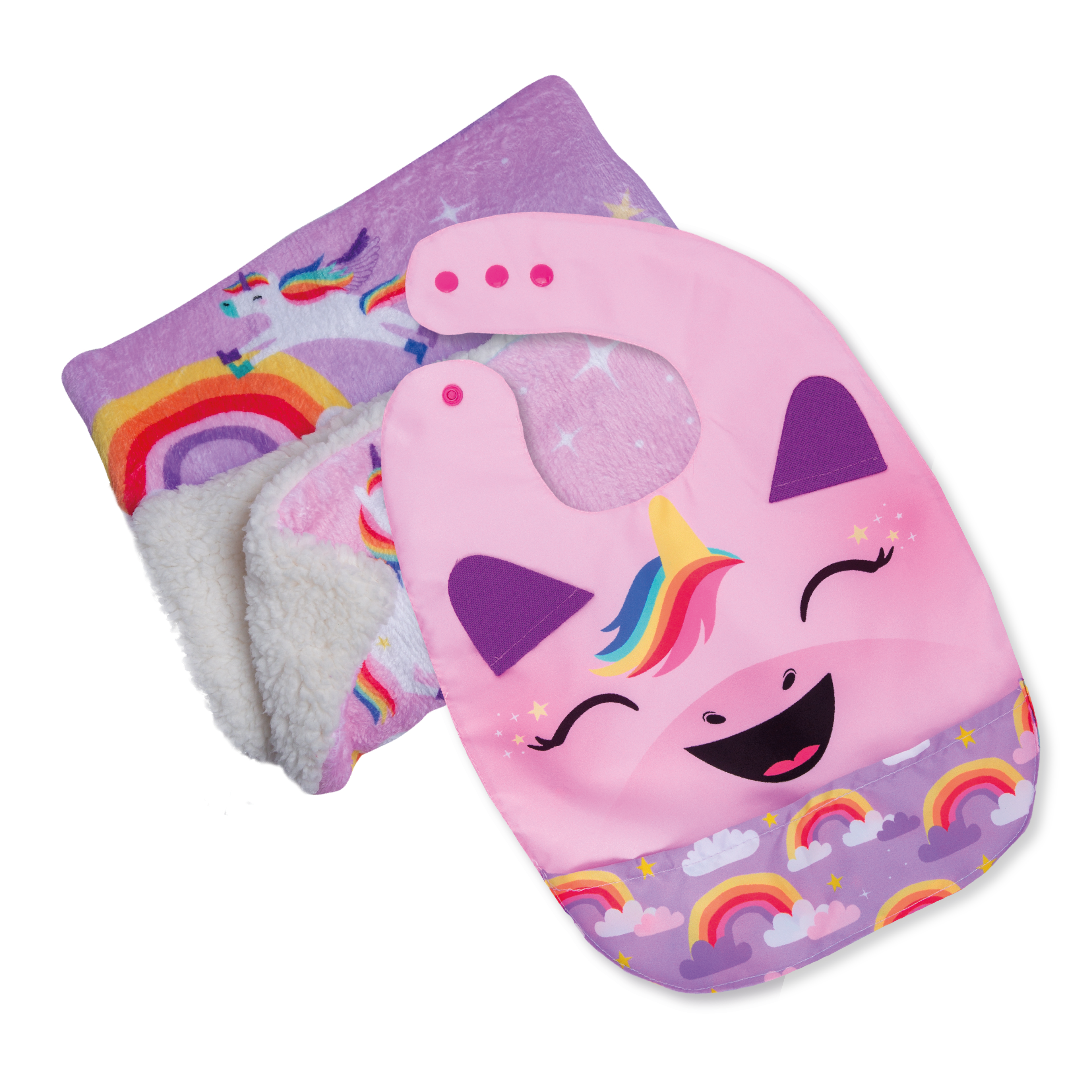 Combo Cobija unicornios + babero unicornio