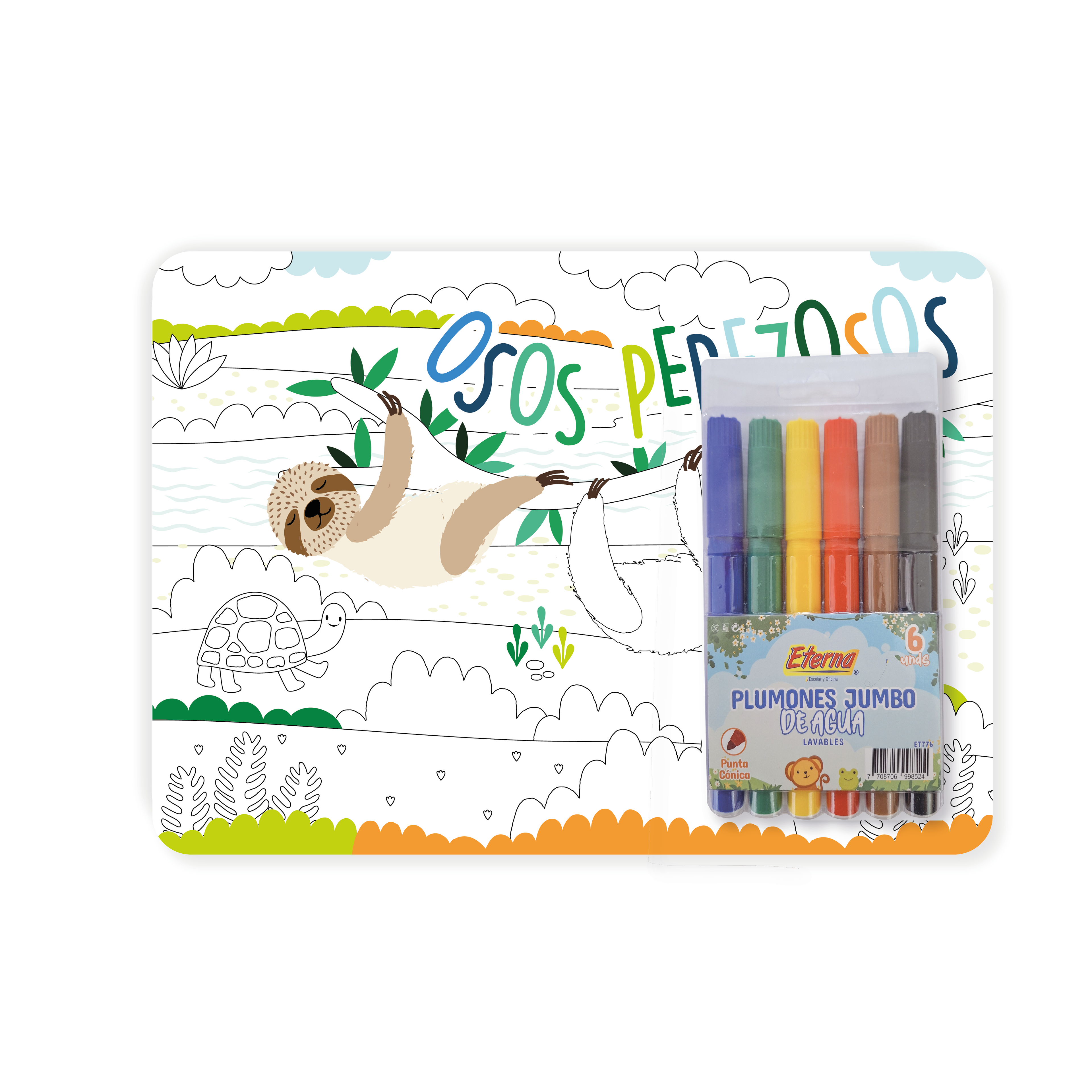 Kit Individual Para Colorear Oso Perezoso + Marcadores