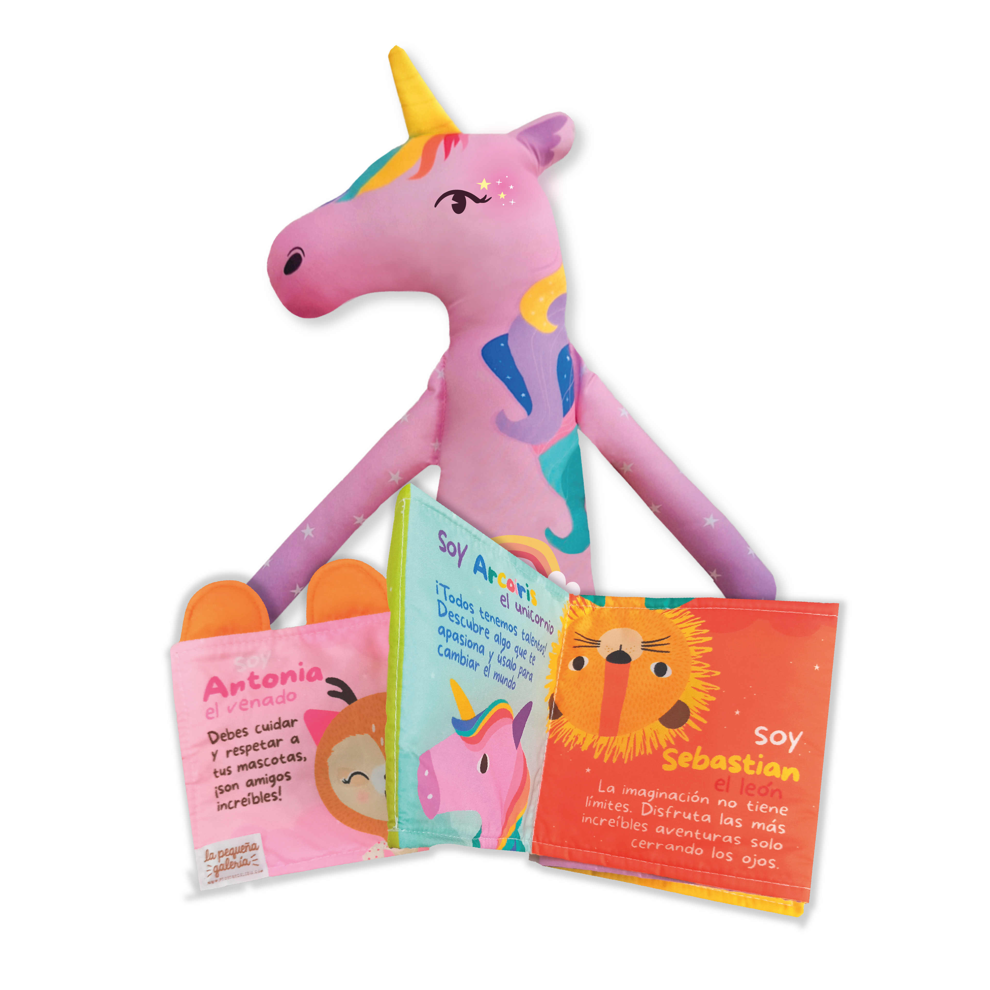 Combo libro de tela + peluche Unicornio Arcoiris