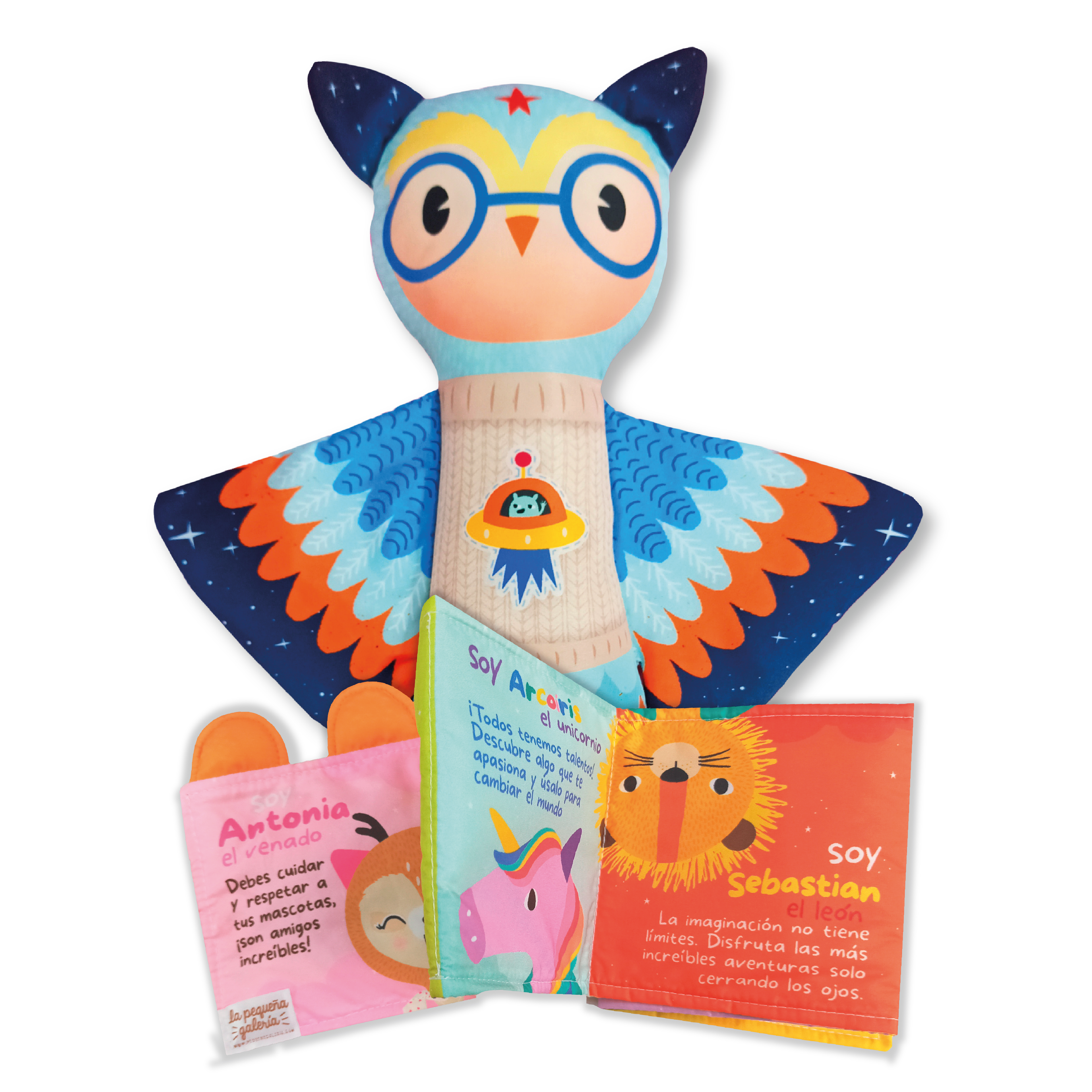 Combo libro de tela + peluche Buho Nox