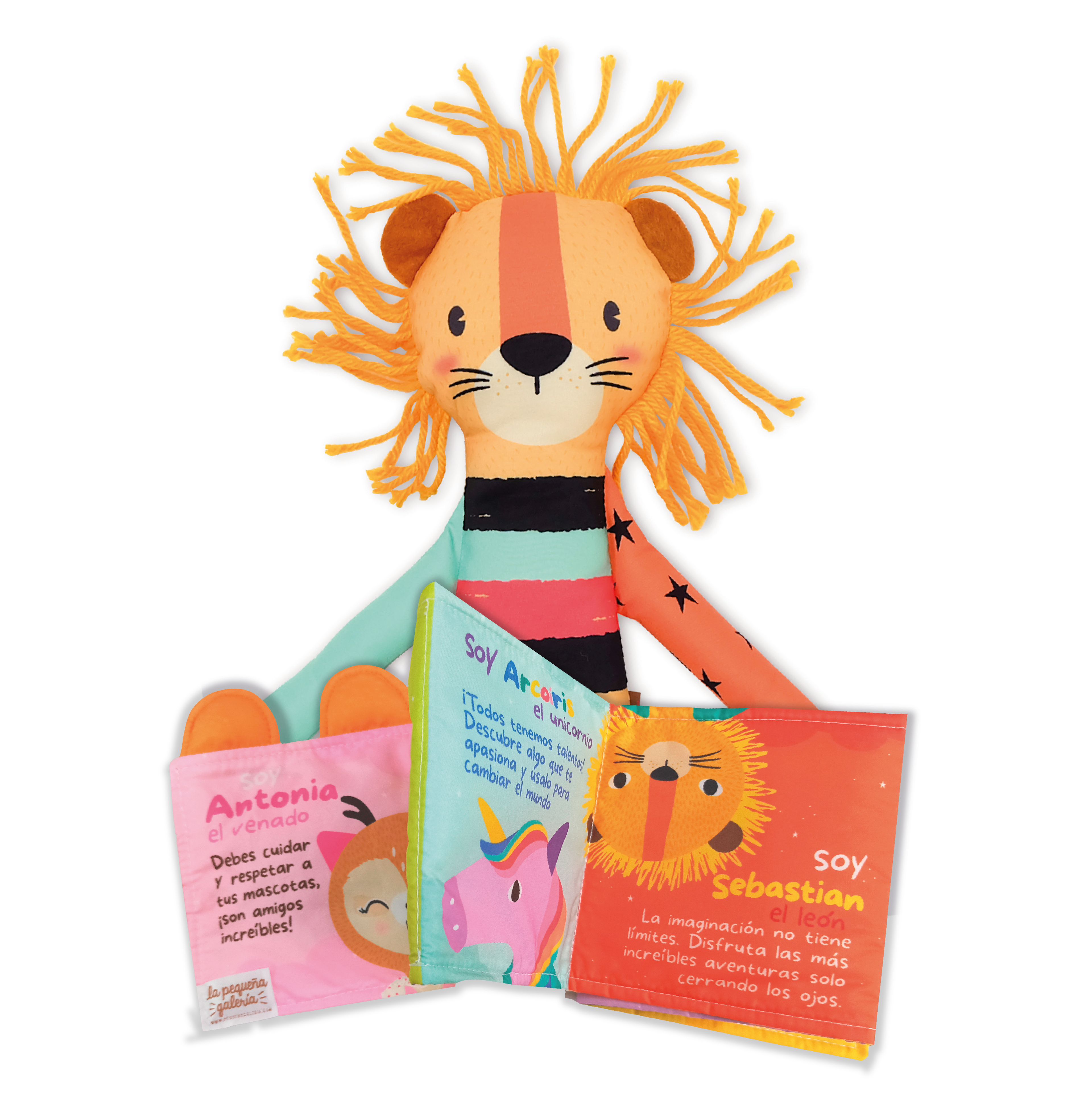 Combo libro de tela + peluche León Sebastian
