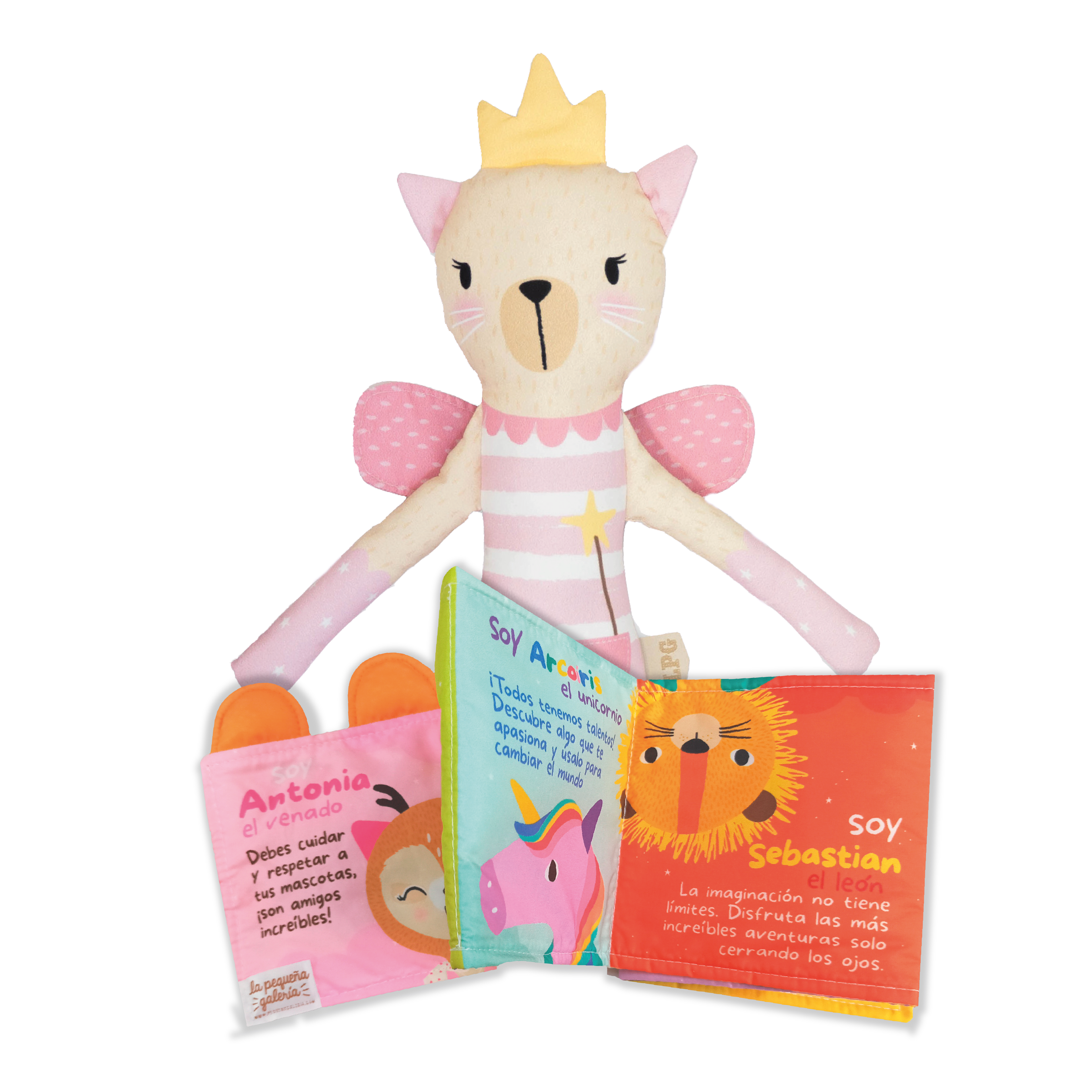 Combo libro de tela + peluche Gatica Flora