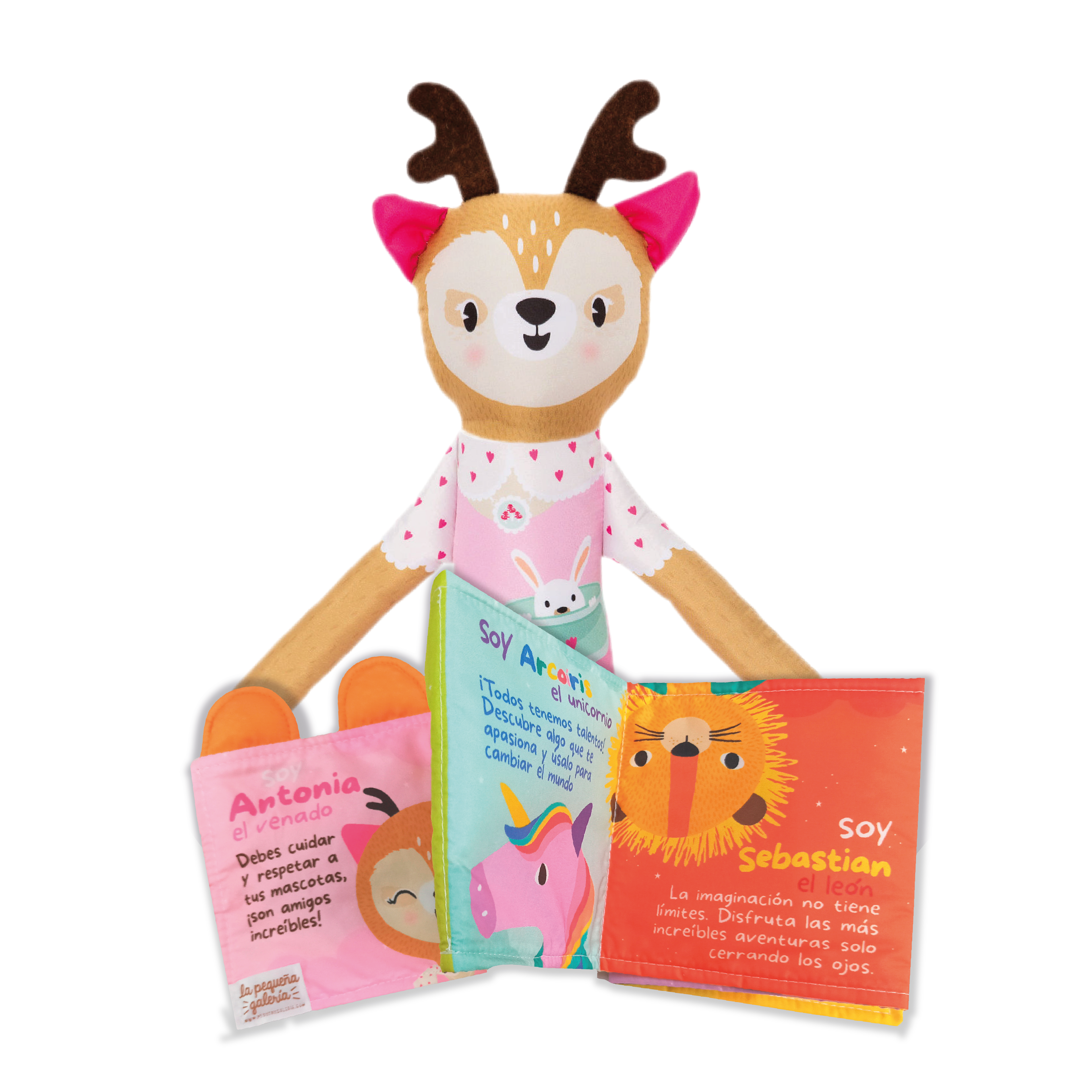 Combo libro de tela + peluche Venado Antonia